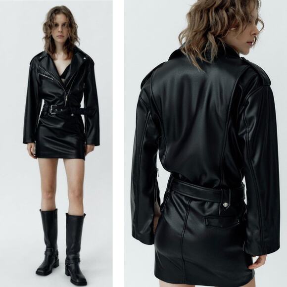 NWT ZARA Mini Biker Faux Leather Dress Size XS Black - Picture 2 of 12